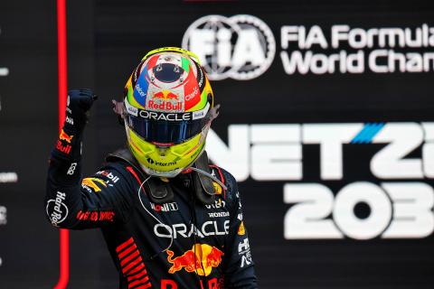 Race winner Sergio Perez (MEX) Red Bull Racing celebrates in parc ferme. Formula 1 World Championship, Rd 4, Azerbaijan