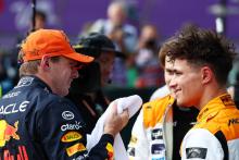 (L to R): Pole sitter Max Verstappen (NLD) Red Bull Racing in qualifying parc ferme with second placed Lando Norris (GBR)