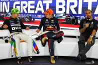 (L to R): Lando Norris (GBR) McLaren; Max Verstappen (NLD) Red Bull Racing; and Lewis Hamilton (GBR) Mercedes AMG F1, in the